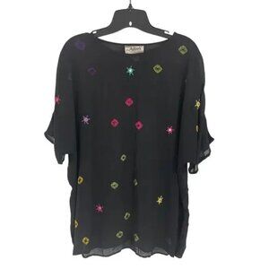 Adini Mirror Embroidered Black Tunic Top S Rayon Cotton Boho Sheer Festival Art